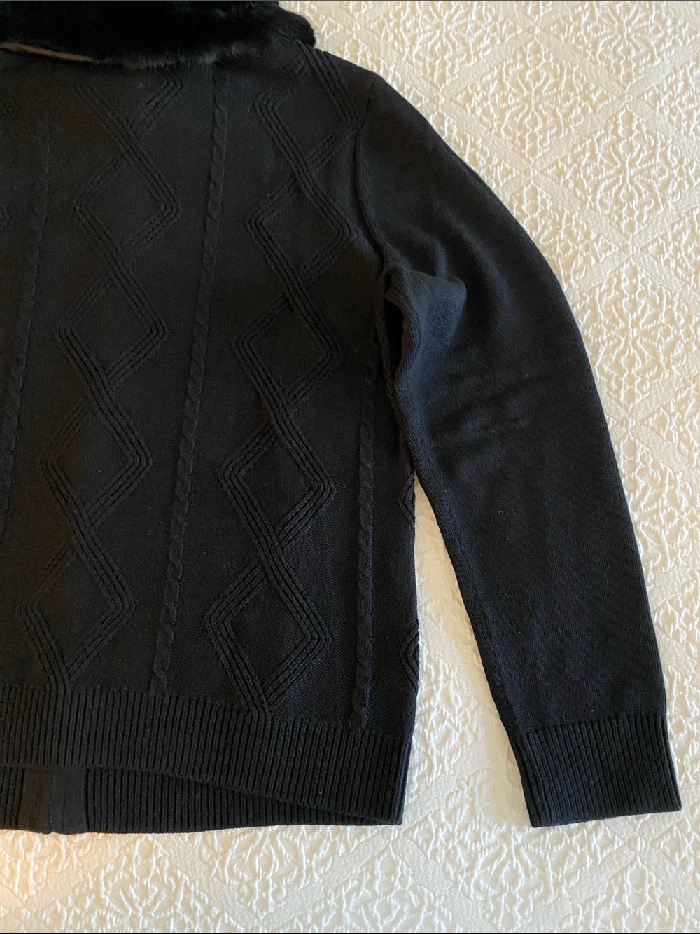 Talbots Black Knit Zip Cardigan with Faux Fur Trim • Petite Large - Picture 12 of 15